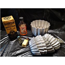 Vintage Food Coloring including Dandelion Brand (in box), Flavoring, and set of Metal Fluted Pans