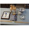Image 1 : Misc Items, Wooden Sewing Machine, Dishware and Stitched Picture in Frame