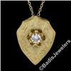 Image 2 : Vintage 14kt Yellow Gold 0.40 ctw Diamond Hand Etched Shield Pendant Necklace