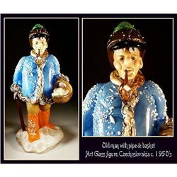 CZECH VINTAGE ART GLASS FIGURE MAN W BASKET #1031980