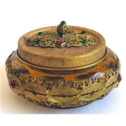 Jeweled Amber Glass 24kt Gold Plate Vanity Jar #1032277