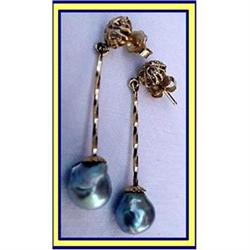 DROP EARRINGS 14K GOLD GREY NATURAL SEA PEARL #1042833