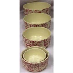 5 MATCHING RED ON TAN SPONGEWARE BOWLS #1051451