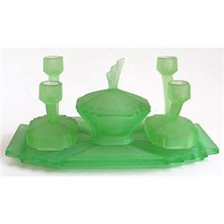 BEDFORD Green Satin Glass Art Deco Vanity Set #1051631