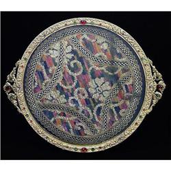 Ormolu, Lace, Glass Jeweled Round Dresser Tray #1051910