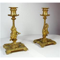 Pair of Brass Candlesticks with Cherubs #1059957