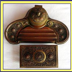 COPPER BRONZE FILIGREE DESKSET INKPOT BLOTTER #1060070