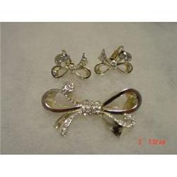 WEISS 3 piece Bow Brooch Earrings Rhinestones #1086591