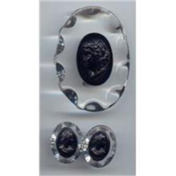 3 Piece Black Lucite Cameo Set Brooch Earrings #1086722
