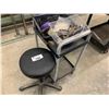 Image 1 : MOBILE BLACK SHOP STOOL & SMALL MOBILE CART WITH CONTENTS