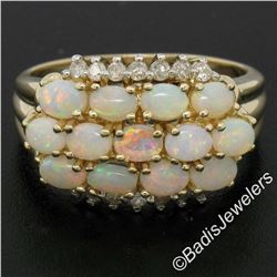 14kt Yellow Gold 1.80 ctw Oval Cabochon Opal and Round Diamond Wide Band Cluster