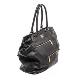 Prada Black Leather Zipper Tote Bag
