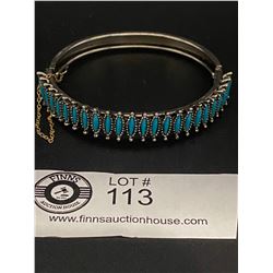 Silver Bangle Bracelet with Turquoise Stones with Safety Chain