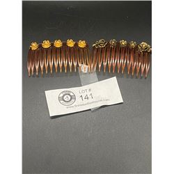2 Vintage Hair Combs with Gold Metal Rosettes