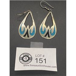 Pair of Large Mexico 925 Turquoise Inlaid Earrings