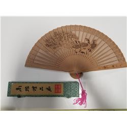 Vintage Sandalwood Asian Fan with Peacock Motif