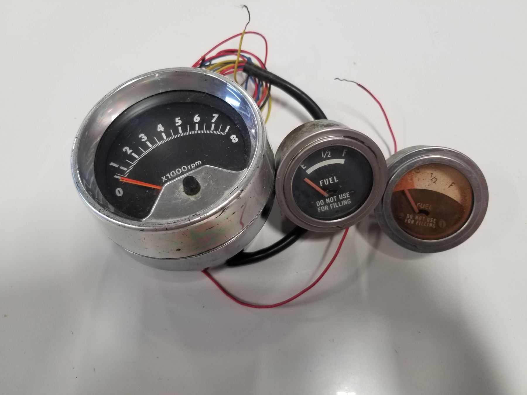 2 Vintage Small Fuel Gauges & Vintage Tachometer RPM Gauge