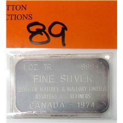 1 Oz. .999+ Silver Johnson Matthey & Mallory Bar