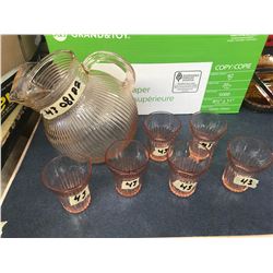 PINK DEPRESSION TILTED PITCHER + 6 GLASSES VERTICAL