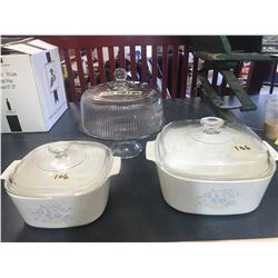2 CORNING CASSAROLE DISH + LIDS + DISPLAY CAKE DISH WITH STAND