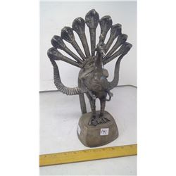 1962 INDIA STEEL HANDMADE SCULPTURE PEACOCK WITH COBRA TAILFAN -HEIGHT 13". DEPTH 10"