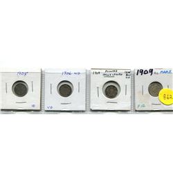 1905, 1906, 1909 HOLLY LEAVES, 1909 MAPLE LEAVES - CANADA SILVER FIVE CENTS