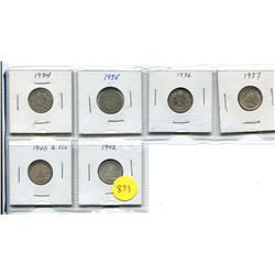 1934-1937, 1940 RE ENG, 1942 - CANADA SILVER TEN CENT COINS