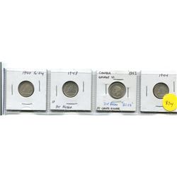 1940 RE ENG, 1943 X TWO AND 1944 - CANADA SILVER TEN CENT COINS