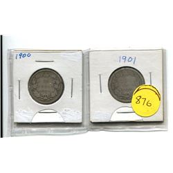 1900 AND 1901 CANADA SILVER TWENTY-FIVE CENT COINS