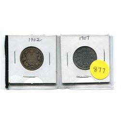 1902 AND 1907 CANADA SILVER TWENTY-FIVE CENT COINS