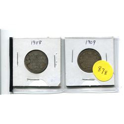 1908 AND 1909 CANADA SILVER TWENTY-FIVE CENT COINS