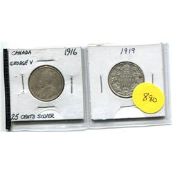 1916 AND 1919 CANADA SILVER TWENTY-FIVE CENT COINS