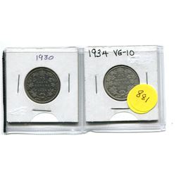 1930 AND 1934 CANADA SILVER TWENTY-FIVE CENT COINS
