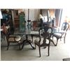 Image 1 : 4 WOOD CHAIRS   2 TABLE STANDS   THE GLASS 7FT6IN LENGTH 3FT9IN WIDTH 1/2IN THICK   2FT6IN HEIGHT