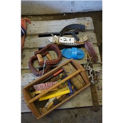Stirrups (new), lead rope, grooming items