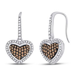 5/8 CTW Brown Diamond Heart Dangle Earrings 10kt White Gold - REF-35R9H