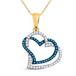 1/5 CTW Round Blue Color Enhanced Diamond Joined Double Hearts Pendant 10kt Yellow Gold - REF-15X5T