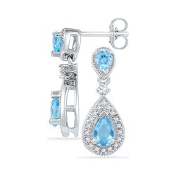 1 & 1/2 CTW Pear Lab-Created Blue Topaz Dangle Diamond Earrings 10kt White Gold - REF-26R3H