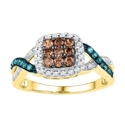 1/2 CTW Round Brown Blue Color-Enhanced Diamond Square Ring 10kt Yellow Gold - REF-35W9F