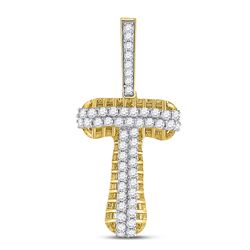 1 CTW Mens Round Diamond T Letter Charm Pendant 10kt Yellow Gold - REF-57H3W