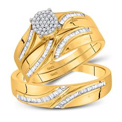 3/8 CTW His & Hers Round Diamond Cluster Matching Bridal Wedding Ring 10kt Yellow Gold - REF-50K4R
