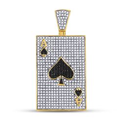 1 & 3/8 CTW Mens Round Black Color Enhanced Diamond Ace Spades Card Pendant 10kt Yellow Gold - REF-7