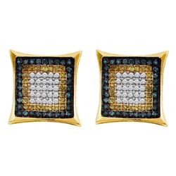 1/3 CTW Mens Yellow Blue Color Enhanced Diamond Square Cluster Earrings 10kt Yellow Gold - REF-14M4A