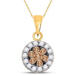 1/2 CTW Brown Diamond Flower Cluster Circle Pendant 14kt Yellow Gold - REF-24A3N