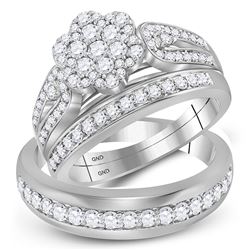 1 & 1/3 CTW His & Hers Round Diamond Cluster Matching Bridal Wedding Ring 10kt White Gold - REF-75N5