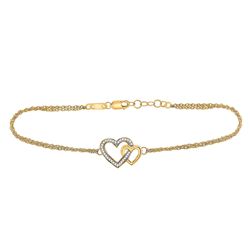 1/10 CTW Round Diamond Double Heart Bracelet 10kt Yellow Gold - REF-14W4F