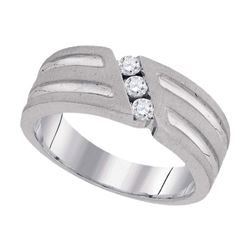 1/4 CTW Mens Round 3-Stone Diamond Textured Groove Wedding Ring 10kt White Gold - REF-35W9F