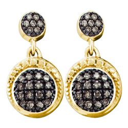 1/4 CTW Round Brown Diamond Dangle Earrings 10kt Yellow Gold - REF-16R8H