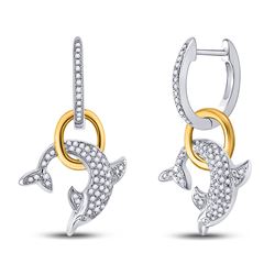 1/3 CTW Round Diamond Dolphin Hoop Dangle Earrings 10kt Two-tone Gold - REF-32N3Y