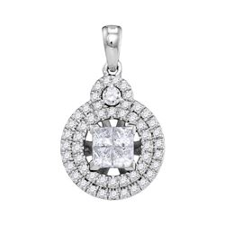 7/8 CTW Princess Diamond Cluster Circle Frame Pendant 14kt White Gold - REF-90X3T